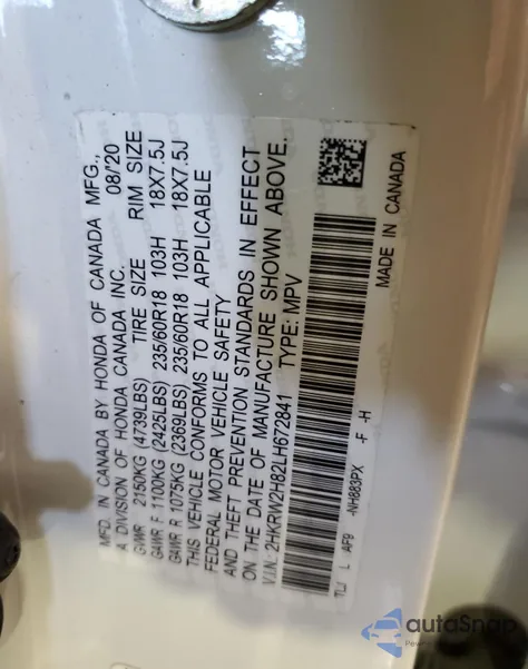 2020 Honda Cr-V Exl from USA, damaged, VIN 2HKRW2H82LH672841